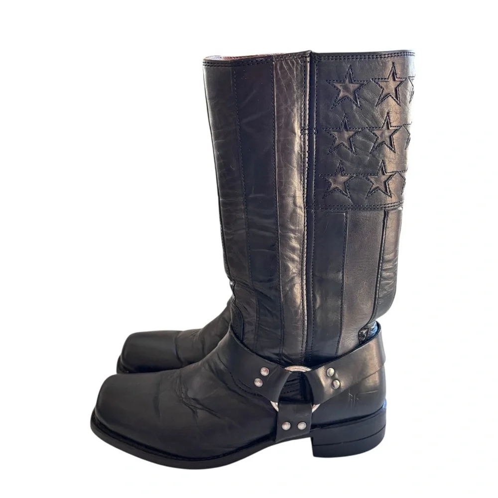Frye 150th Anniversary USA Black Leather Flag Boots Sz 10
